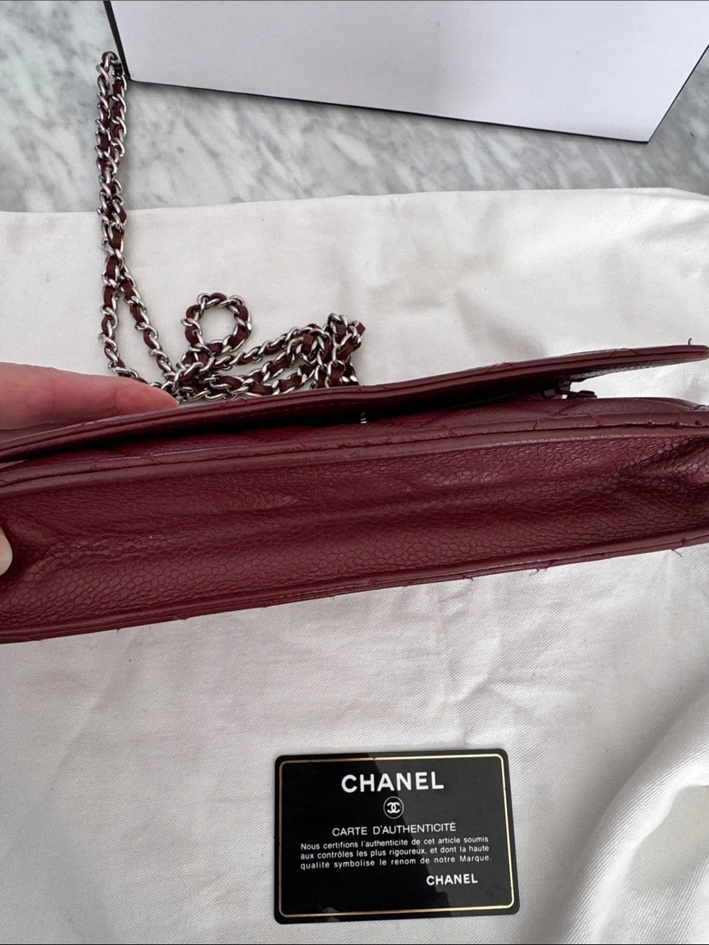 Chanel Burgundy Quilted Caviar Wallet on Chain. Burgundy. Pebbled leather.